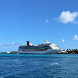 Caribbean Holidays, Cayman November Cruises, A cruise ship arriving in George Town harbour, Grand Cayman, beneath a bright blue sky with calm turquoise water and palm-lined shores