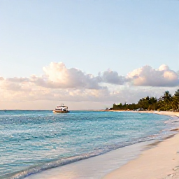 Caribbean Holidays, Cayman November Tours, A bright November morning on Grand Cayman, with calm turquoise sea, white sand beach and a small tour boat near the shore