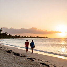 Caribbean Holidays, Cayman November Tours, A couple walking along a quiet Grand Cayman beach at sunset, with soft golden light and calm Caribbean water