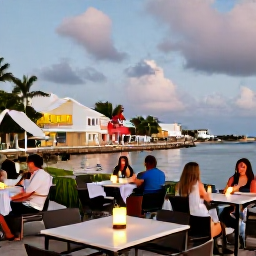 Caribbean Holidays, Cayman November Tours, An informal Cayman Islands evening with outdoor tables, local seafood and colourful buildings near the waterfront