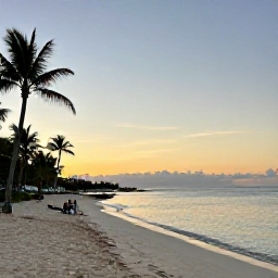 Caribbean Holidays, Cayman October, Quiet Cayman Islands beach at sunset in October, with calm turquoise water, palm trees and a small group of visitors enjoying the view