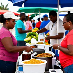 Caribbean Holidays, Cayman October, Traditional Caymanian food being prepared at an outdoor market, with fresh seafood, tropical produce and local people chatting