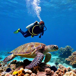 Caribbean Holidays, Cayman Scuba Diving, Diver swimming alongside a calm green sea turtle over a coral reef in the Cayman Islands, with clear Caribbean water and small tropical fish