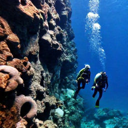 Caribbean Holidays, Cayman Scuba Diving, Experienced scuba divers descending beside a dramatic underwater wall in Little Cayman