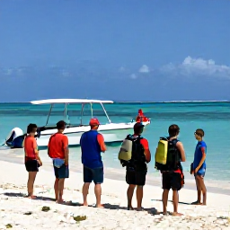Caribbean Holidays, Cayman Scuba Diving, Friendly dive instructor briefing a small group beside a boat on a sunny Cayman Islands beach