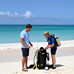Caribbean Holidays, Cayman Scuba Diving, Friendly scuba instructor helping a beginner diver prepare equipment beside a sunny Caribbean beach in Grand Cayman