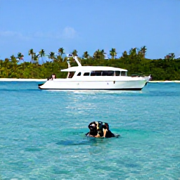 Caribbean Holidays, Cayman Scuba Diving, Scuba boat anchored in calm turquoise water off a palm-fringed Cayman Islands beach, with a diver preparing to enter the sea
