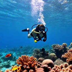 Caribbean Holidays, Cayman Scuba Diving, Scuba diver exploring a colourful coral reef in clear turquoise water near Grand Cayman, with tropical fish and sunlight filtering from the surface