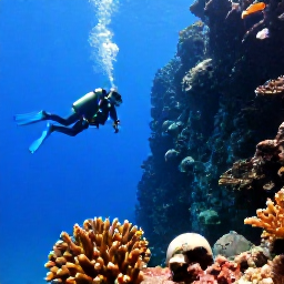 Caribbean Holidays, Cayman Scuba Diving, Scuba divers descending beside a spectacular underwater wall in Grand Cayman, blue ocean fading into the deep, with coral and reef fish in the foreground