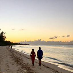 Caribbean Holidays, Cayman September, Couple walking along an uncrowded Cayman Islands beach at sunset in September, warm sky and calm sea