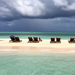 Caribbean Holidays, Cayman September, Visitors relaxing on Seven Mile Beach with sun loungers, clear shallow water and a gentle September shower in the distance