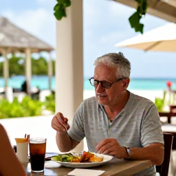 Caribbean Holidays, Cayman Solo December, Solo visitor enjoying a relaxed meal at an outdoor restaurant in George Town, Grand Cayman