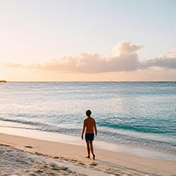 Caribbean Holidays, Cayman Solo Holidays, A lone traveller walking along Seven Mile Beach in Grand Cayman at sunrise, calm turquoise sea and soft golden light