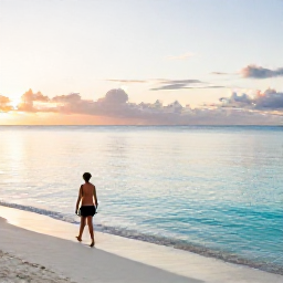 Caribbean Holidays, Cayman Solo Holidays, A lone traveller walking along Seven Mile Beach in the Cayman Islands at sunrise, calm turquoise water and soft golden light