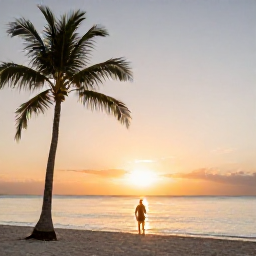 Caribbean Holidays, Cayman Solo Holidays, A peaceful Cayman Islands beach at sunset with a solo traveller watching the horizon, palm trees and calm Caribbean water