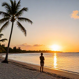 Caribbean Holidays, Cayman Solo Holidays, A solo traveller watching a golden sunset from a quiet beach in Grand Cayman, with calm Caribbean water and palm trees