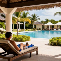 Caribbean Holidays, Cayman Solo Holidays, Comfortable solo traveller at a Cayman Islands resort, shaded terrace, tropical gardens and inviting swimming pool
