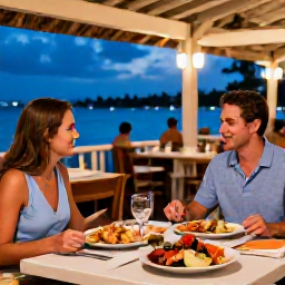 Caribbean Holidays, Cayman Solo Holidays, Friendly solo diner enjoying fresh Caribbean seafood at an outdoor restaurant in Grand Cayman at dusk