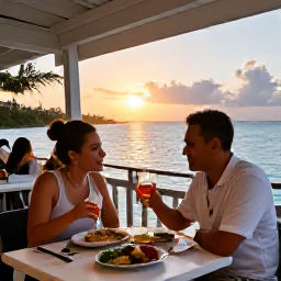 Caribbean Holidays, Cayman Solo Holidays, Friendly solo traveller enjoying an evening meal at a waterfront restaurant in Grand Cayman, warm sunset light and relaxed atmosphere