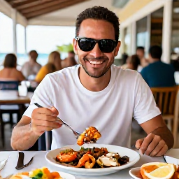 Caribbean Holidays, Cayman Solo Holidays, Friendly solo traveller enjoying fresh seafood at an outdoor restaurant in George Town, Grand Cayman