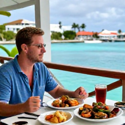 Caribbean Holidays, Cayman Solo Holidays, Friendly solo traveller enjoying fresh seafood at an outdoor restaurant overlooking George Town harbour, Cayman Islands