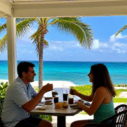 Caribbean Holidays, Cayman Solo Holidays, Friendly solo visitor enjoying a quiet breakfast at a waterfront caf&eacute; in George Town, Grand Cayman, with palm trees and blue sea