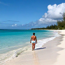 Caribbean Holidays, Cayman Solo Holidays, Lone traveller walking along the clear shallow water and white sand of Seven Mile Beach, Grand Cayman