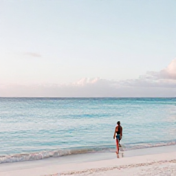 Caribbean Holidays, Cayman Solo Holidays, Peaceful Seven Mile Beach in Grand Cayman with a lone traveller walking beside calm turquoise water at sunrise