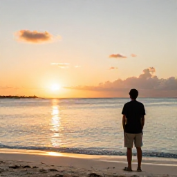 Caribbean Holidays, Cayman Solo Holidays, Peaceful tropical sunset over the Cayman Islands coastline with a solo traveller looking out across the sea