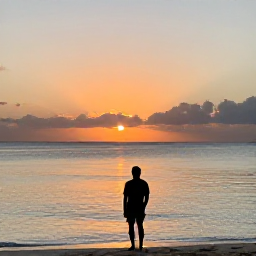 Caribbean Holidays, Cayman Solo Holidays, Relaxed solo traveller watching sunset from Seven Mile Beach in Grand Cayman, golden sky over calm Caribbean water