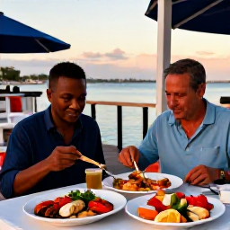 Caribbean Holidays, Cayman Solo Holidays, Solo diner enjoying fresh Caribbean seafood at a relaxed waterfront restaurant in Grand Cayman at sunset