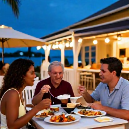 Caribbean Holidays, Cayman Solo Holidays, Solo diner enjoying fresh seafood at an outdoor restaurant in George Town, Cayman Islands, evening lights and relaxed atmosphere