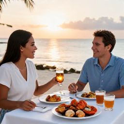 Caribbean Holidays, Cayman Solo Holidays, Solo traveller dining at a relaxed seaside restaurant in the Cayman Islands at sunset, fresh seafood and warm evening light