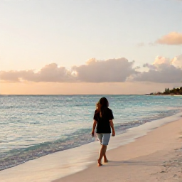 Caribbean Holidays, Cayman Solo Holidays, Solo traveller walking along Seven Mile Beach in Grand Cayman at sunrise, calm turquoise water and soft golden light