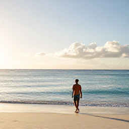 Caribbean Holidays, Cayman Solo Holidays, Solo traveller walking along Seven Mile Beach in the Cayman Islands at sunrise, calm turquoise sea and soft golden light