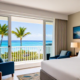 Caribbean Holidays, Cayman Solo January, Calm, well-equipped hotel room in Grand Cayman with balcony overlooking palm trees and the Caribbean Sea