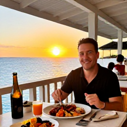 Caribbean Holidays, Cayman Solo January, Solo diner enjoying fresh Caribbean seafood at an open-air restaurant in Grand Cayman at sunset
