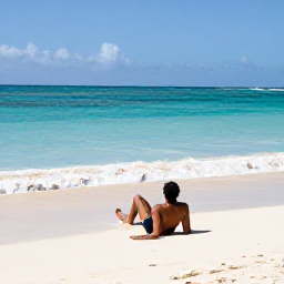 Caribbean Holidays, Cayman Solo January, Solo traveller relaxing on Seven Mile Beach in Grand Cayman in warm January sunshine, clear turquoise water and soft white sand
