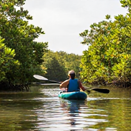 Caribbean Holidays, Cayman Solo July, Kayaker paddling through calm mangrove channels in the Cayman Islands with lush green vegetation and warm July sunlight