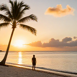 Caribbean Holidays, Cayman Solo July, Solo traveller watching a golden sunset from a quiet Cayman Islands beach, palm trees and calm Caribbean sea