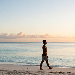 Caribbean Holidays, Cayman Solo November, A solo traveller walking along Seven Mile Beach in Grand Cayman at sunrise, calm turquoise water and soft golden light