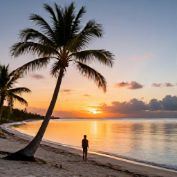Caribbean Holidays, Cayman Solo November, Relaxed solo traveller watching a colourful sunset from a quiet Cayman Islands beach, palm trees and calm Caribbean sea