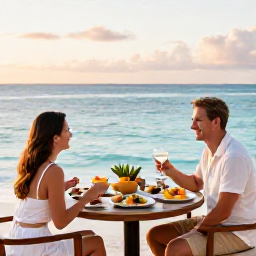 Caribbean Holidays, Cayman Spa Breaks, A couple enjoying a healthy breakfast beside the sea at a Grand Cayman resort, with tropical fruit, gentle morning light and a peaceful beach view