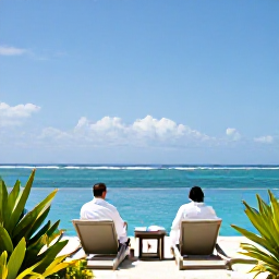 Caribbean Holidays, Cayman Spa Breaks, A couple in white robes relaxing beside an infinity pool overlooking the Caribbean Sea in Grand Cayman, with tropical plants and clear blue skies