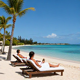 Caribbean Holidays, Cayman Spa Breaks, A couple relaxing beside a calm Cayman Islands beach after a spa treatment, with loungers, palm trees and clear blue water