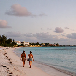 Caribbean Holidays, Cayman Spa Breaks, A couple walking along Seven Mile Beach in Grand Cayman at sunset, with calm turquoise water, pale sand and distant resort lights