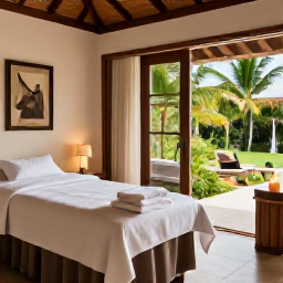 Caribbean Holidays, Cayman Spa Breaks, A peaceful spa treatment room in Grand Cayman with natural wood, white towels, candles and a view of tropical greenery