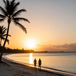 Caribbean Holidays, Cayman Spa Breaks, A peaceful sunset over Seven Mile Beach in Grand Cayman, with calm Caribbean water, palm silhouettes and a couple walking along the shore