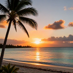Caribbean Holidays, Cayman Spa Breaks, A peaceful sunset over the Cayman Islands coastline, with calm turquoise water, palm silhouettes and a quiet beach
