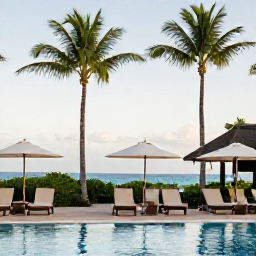 Caribbean Holidays, Cayman Spa Breaks, A peaceful tropical resort in Grand Cayman during September, with loungers, palm trees, soft afternoon light and calm swimming pool water